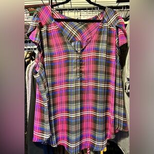 Torrid size 3 Harper hot pink plaid flutter sleeved blouse